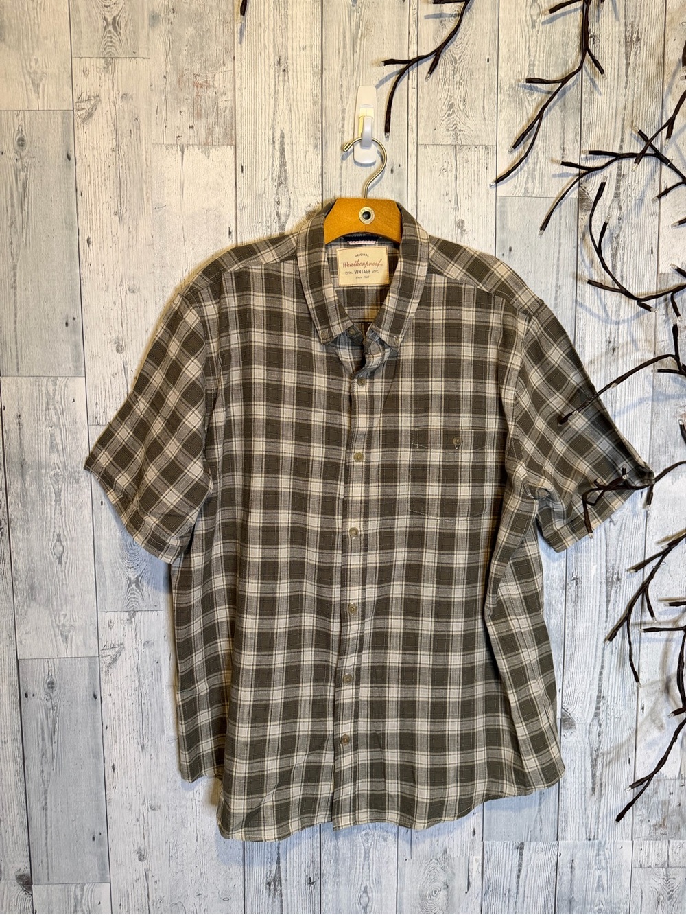 Weatherproof Men’s Olive Green Plaid Short-Sleeve Button-Up Shirt Sz XXL